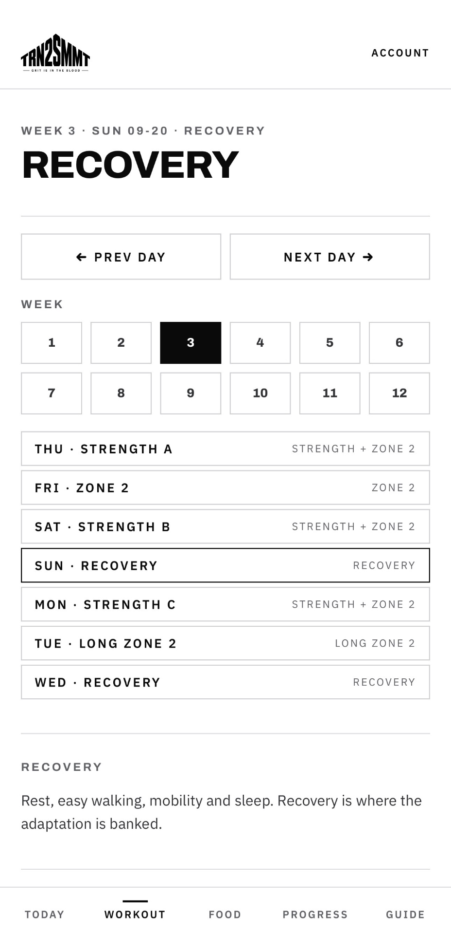TRN2SMMT structured training screen showing a weekly workout schedule with strength and recovery days