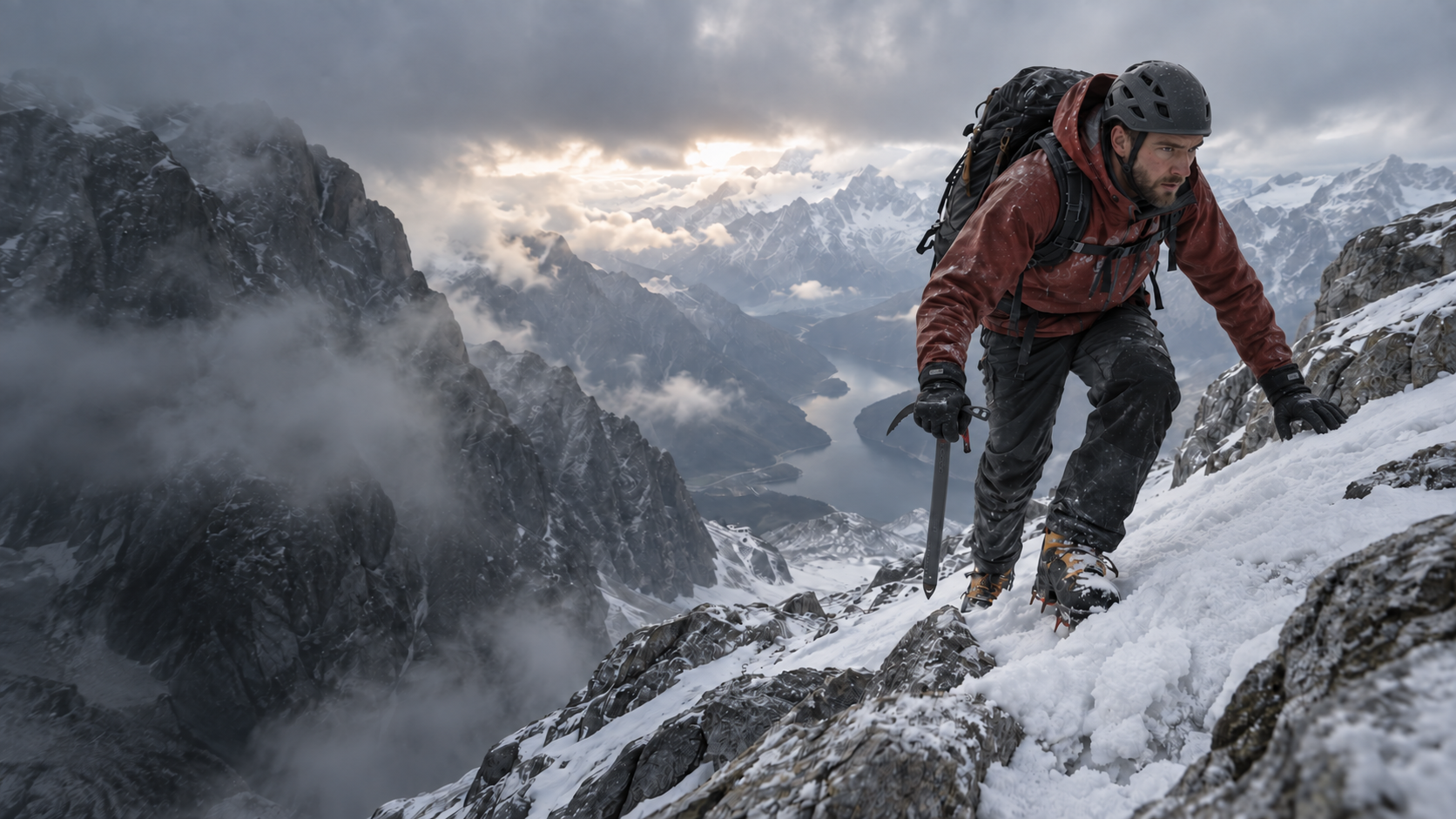 Conceptual scene of a mountaineer climbing a steep snowy ridge above a mountain lake