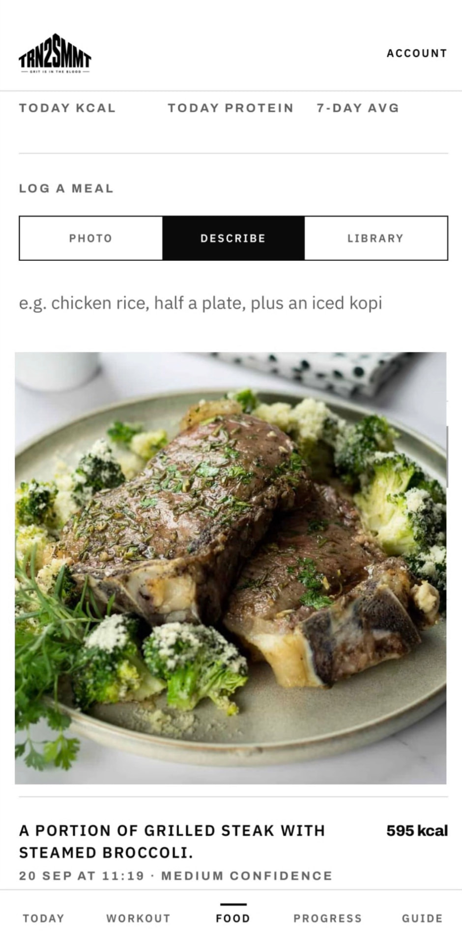 TRN2SMMT photo-based nutrition screen showing a logged meal