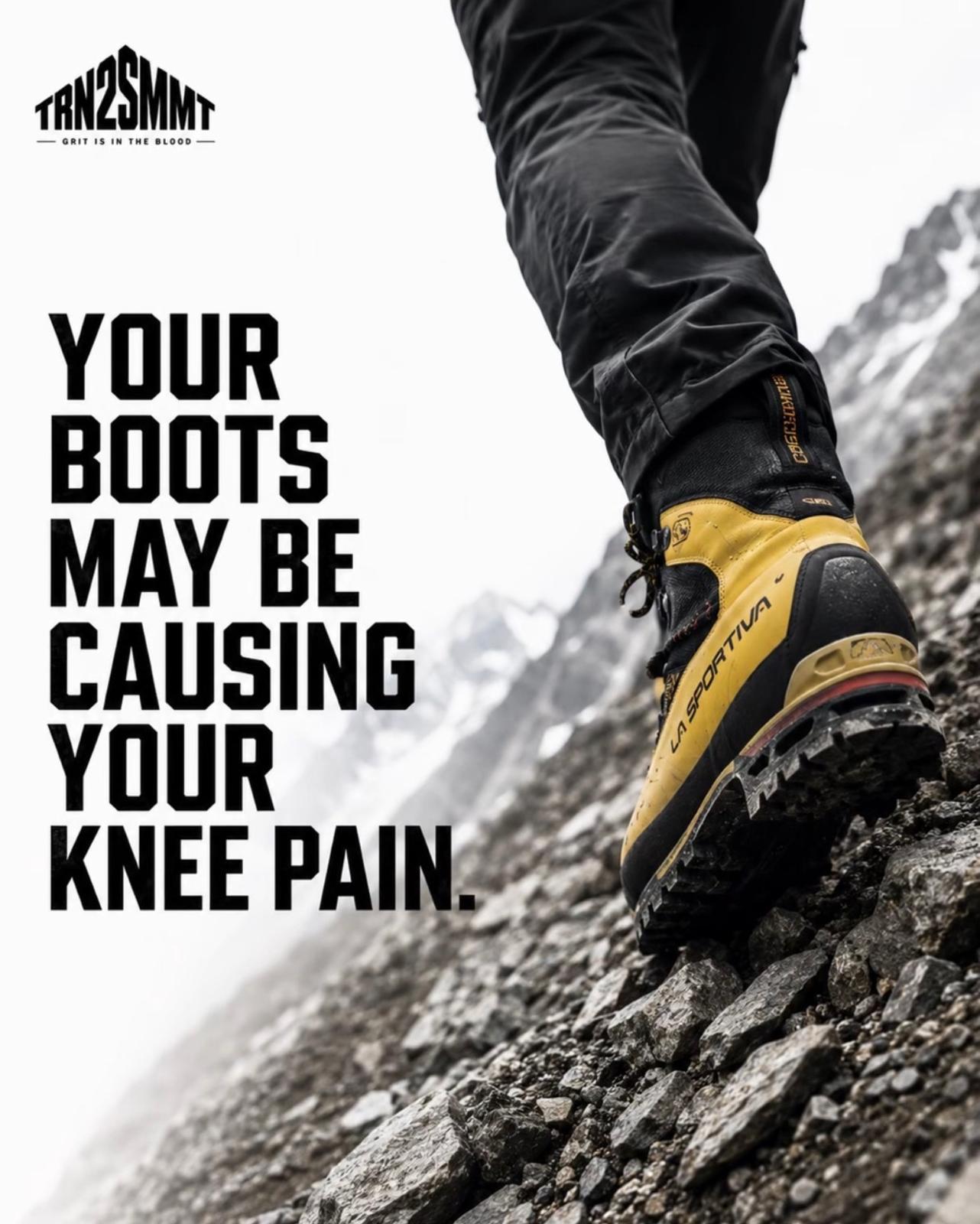 Close view of a yellow mountaineering boot stepping across rocky terrain
